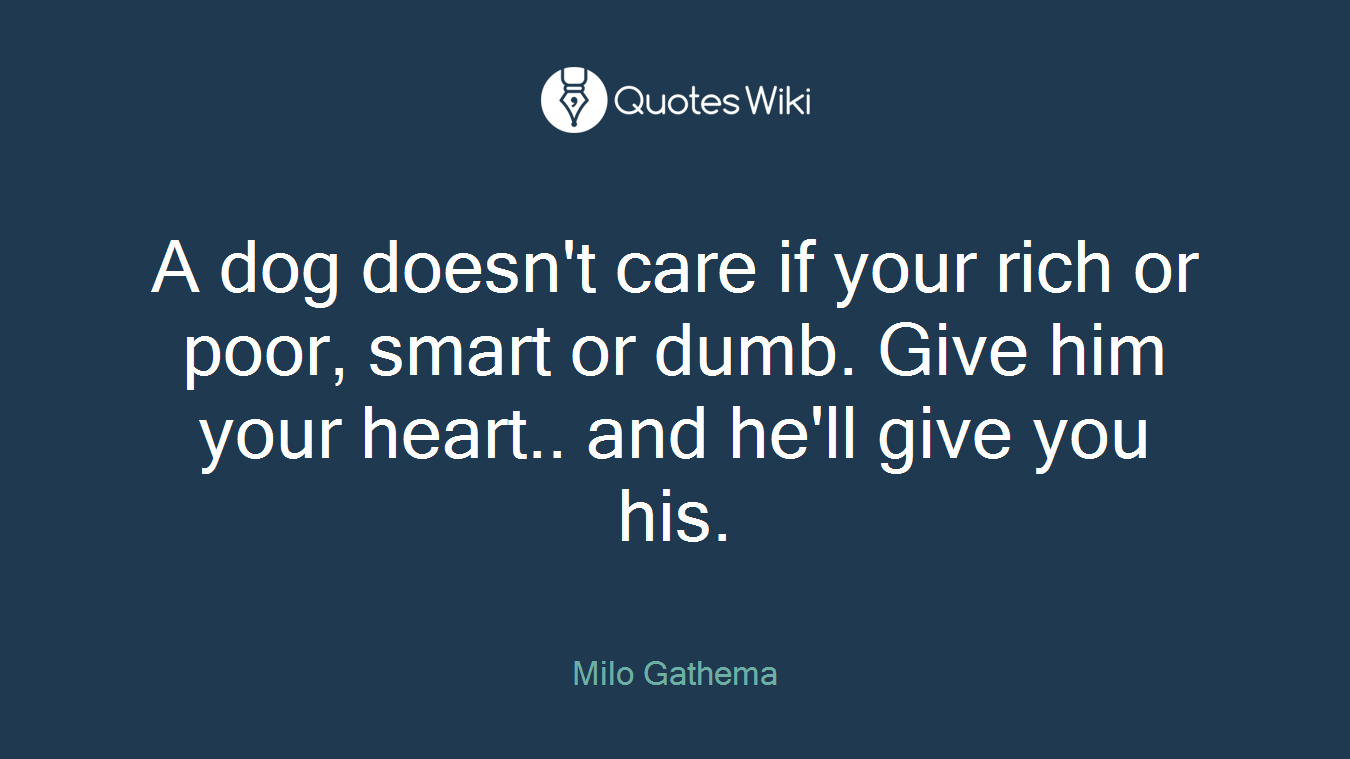 A dog doesn't care if your rich or poor, smart or dumb. Give him your heart.. and he'll give you his.