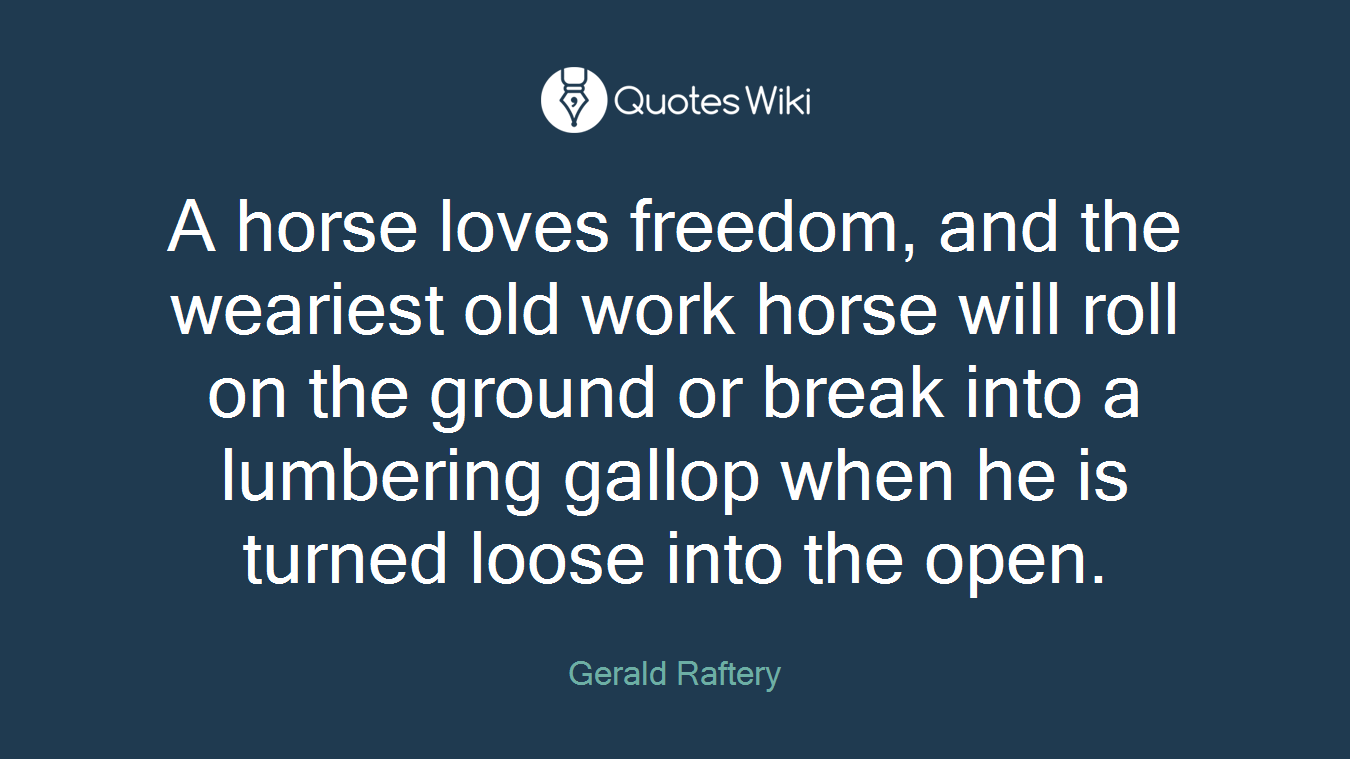 A horse loves freedom, and the weariest old work horse will roll on the ground or break into a lumbering gallop when he is turned loose into the open.