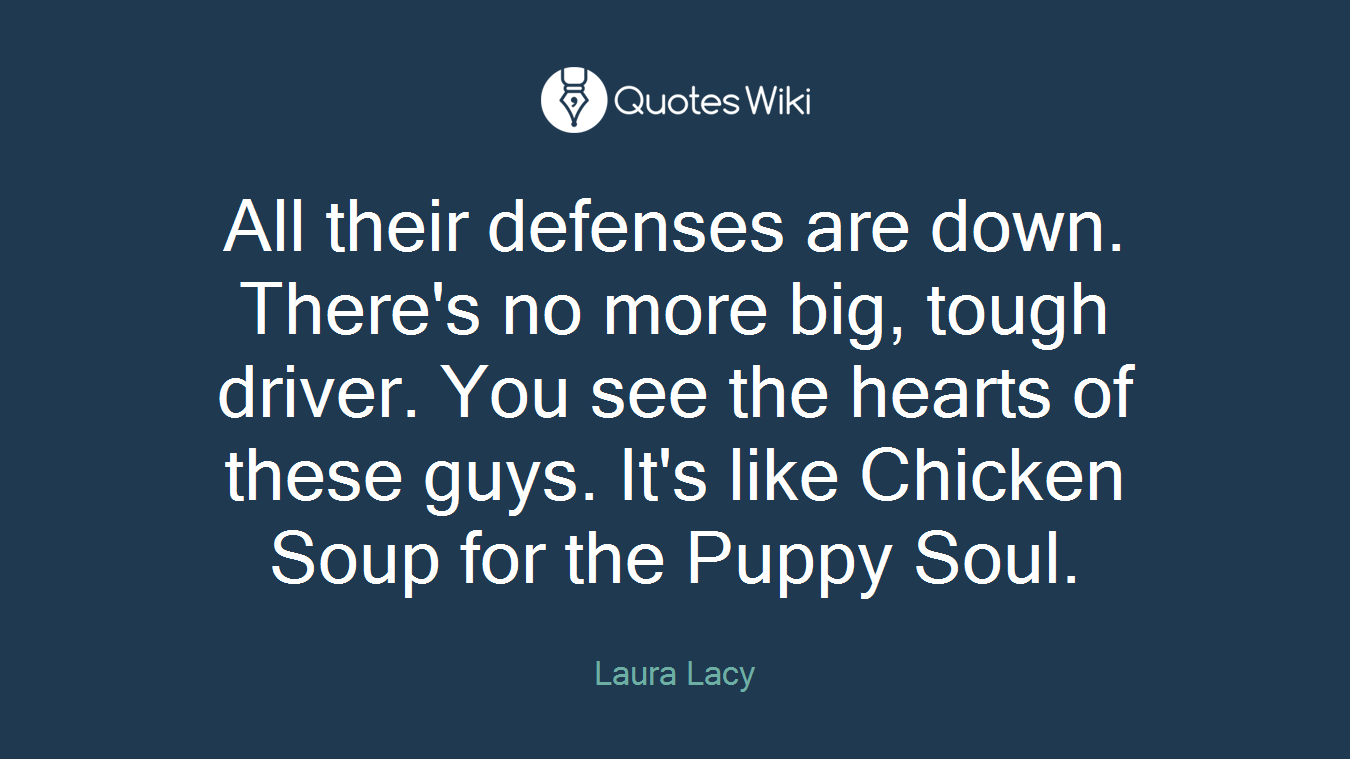 All their defenses are down. There's no more big, tough driver. You see the hearts of these guys. It's like Chicken Soup for the Puppy Soul.