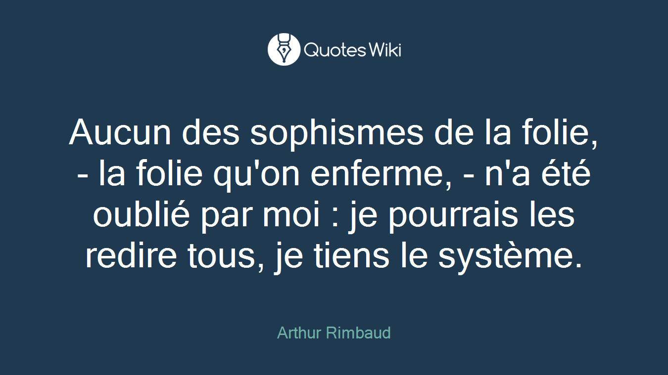 Aucun des sophismes de la folie, - la folie qu'on enferme, - n'a été oublié par moi : je pourrais les redire tous, je tiens le système.