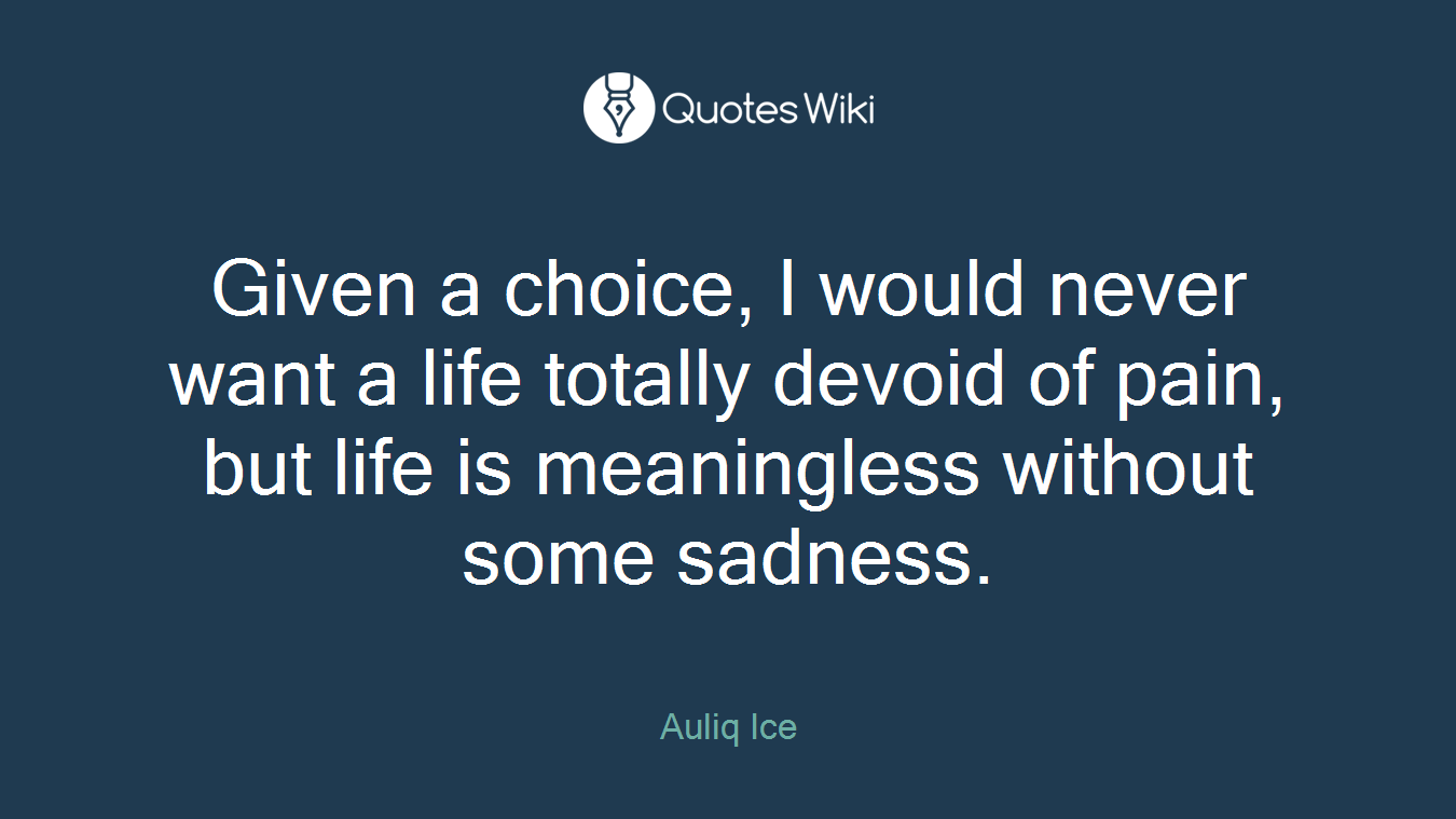 Given a choice, I would never want a life totally devoid of pain, but life is meaningless without some sadness.