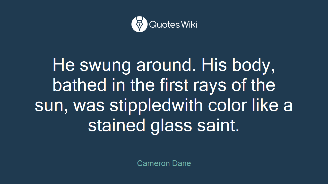 He swung around. His body, bathed in the first rays of the sun, was stippledwith color like a stained glass saint.
