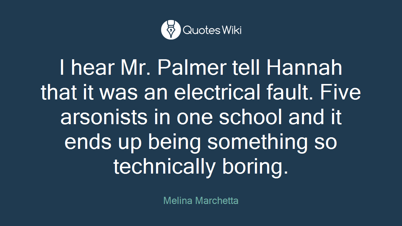 I hear Mr. Palmer tell Hannah that it was an electrical fault. Five arsonists in one school and it ends up being something so technically boring.