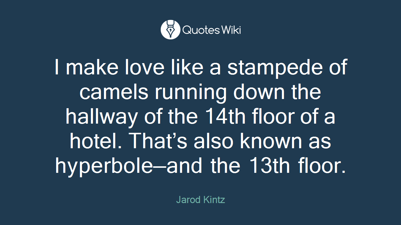 I make love like a stampede of camels running down the hallway of the 14th floor of a hotel. That’s also known as hyperbole—and the 13th floor.