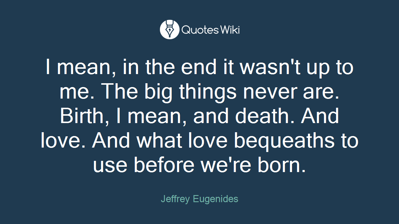 I mean, in the end it wasn't up to me. The big things never are. Birth, I mean, and death. And love. And what love bequeaths to use before we're born.