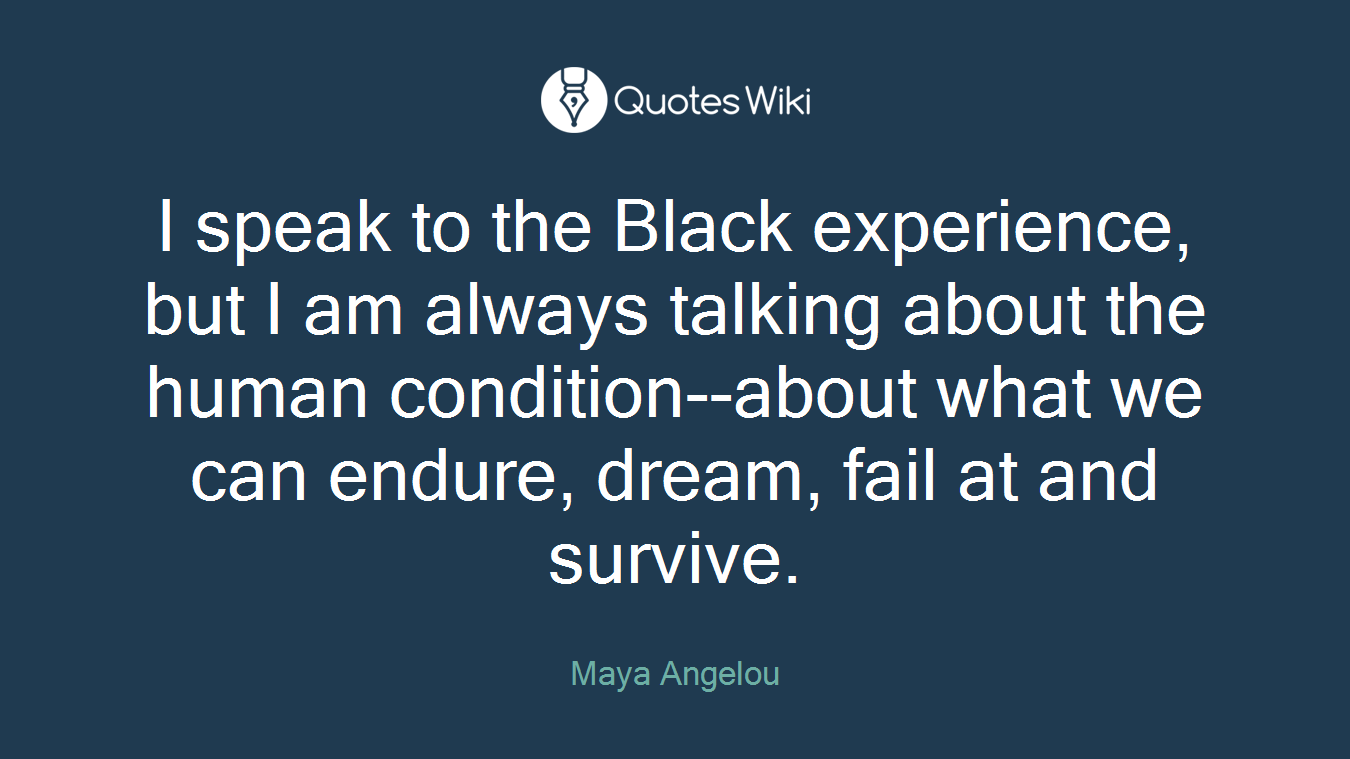 I speak to the Black experience, but I am always talking about the human condition--about what we can endure, dream, fail at and survive.