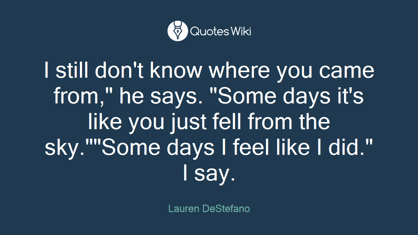 I still don't know where you came from," he says. "Some days it's like you just fell from the sky.""Some days I feel like I did." I say.