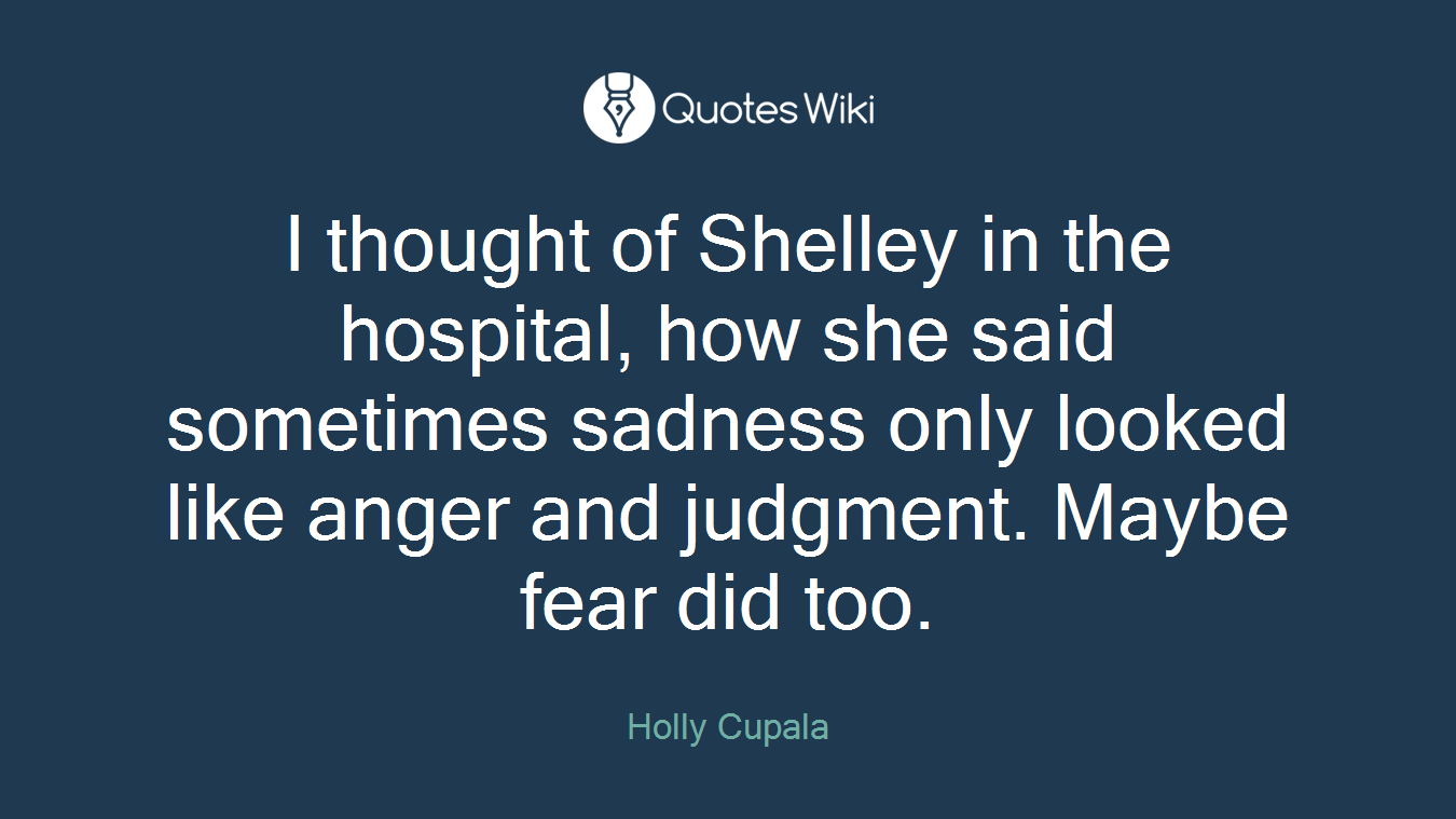 I thought of Shelley in the hospital, how she said sometimes sadness only looked like anger and judgment. Maybe fear did too.