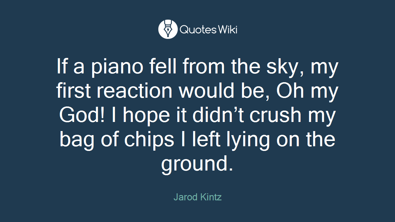 If a piano fell from the sky, my first reaction would be, Oh my God! I hope it didn’t crush my bag of chips I left lying on the ground.