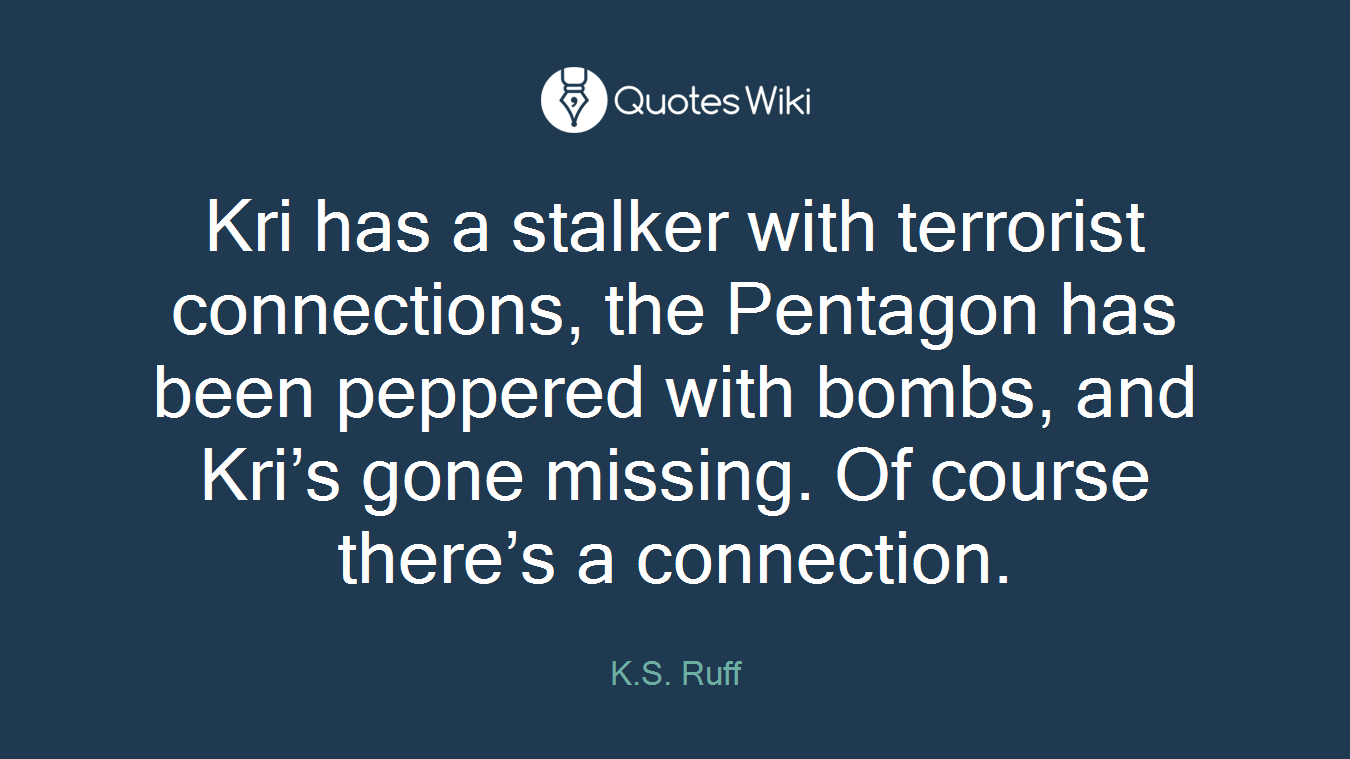 Kri has a stalker with terrorist connections, the Pentagon has been peppered with bombs, and Kri’s gone missing. Of course there’s a connection.