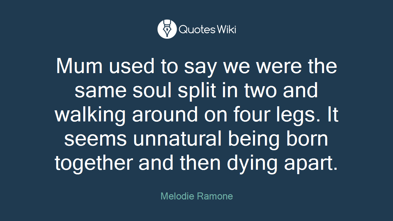 Mum used to say we were the same soul split in two and walking around on four legs. It seems unnatural being born together and then dying apart.