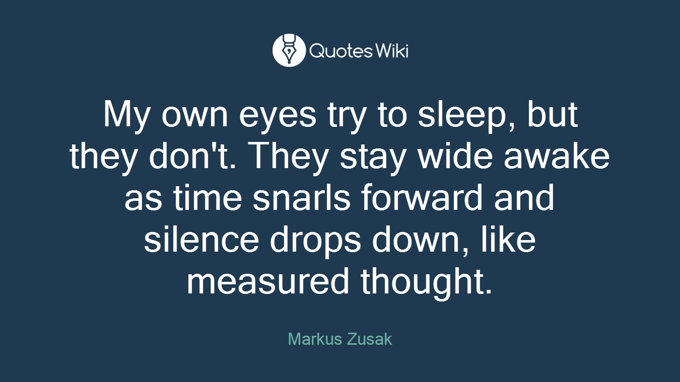 My own eyes try to sleep, but they don't. They stay wide awake as time snarls forward and silence drops down, like measured thought.