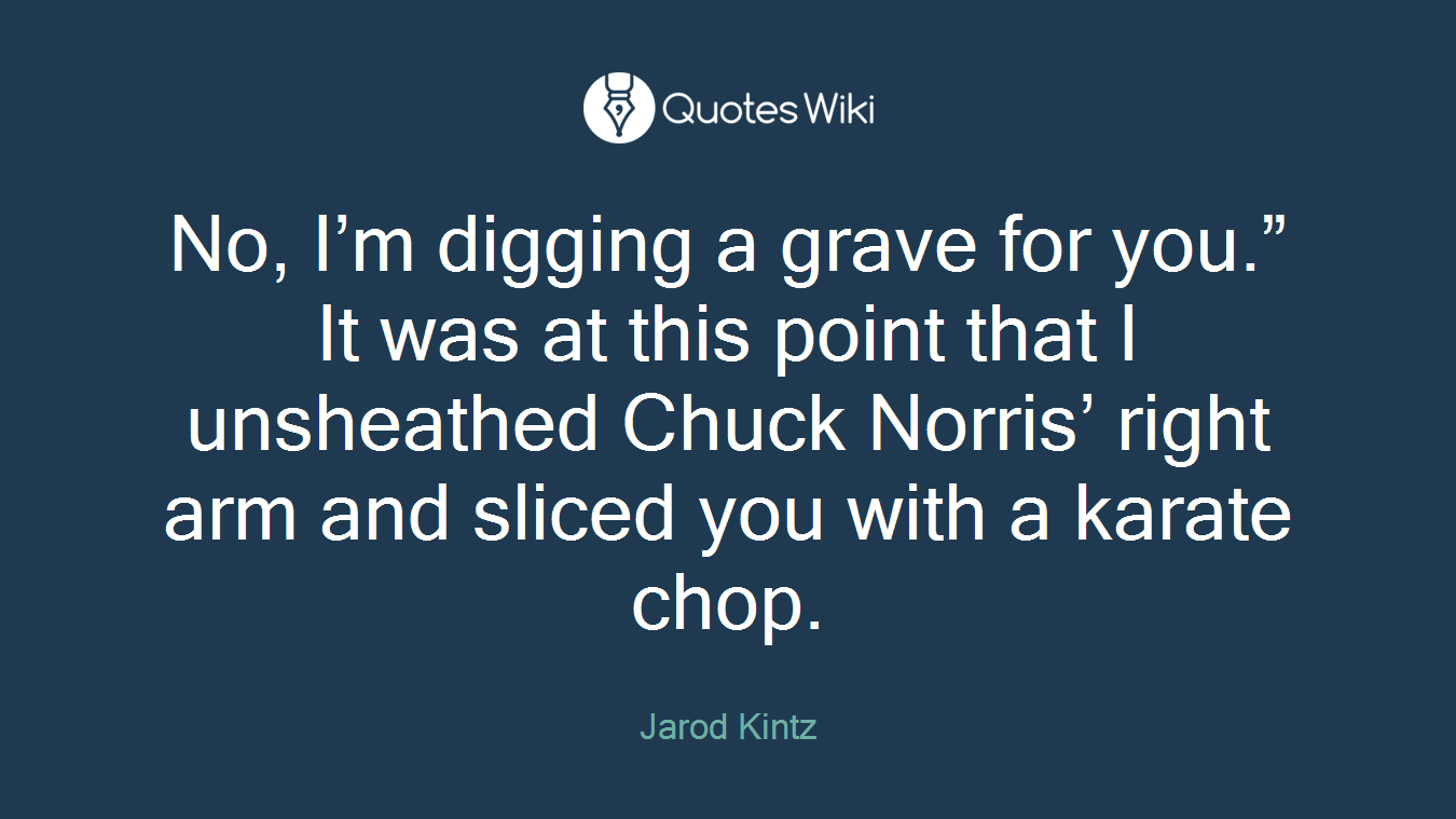 No, I’m digging a grave for you.” It was at this point that I unsheathed Chuck Norris’ right arm and sliced you with a karate chop.