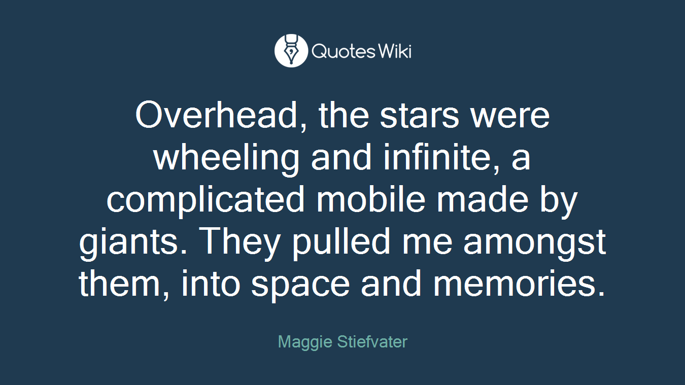 Overhead, the stars were wheeling and infinite, a complicated mobile made by giants. They pulled me amongst them, into space and memories.
