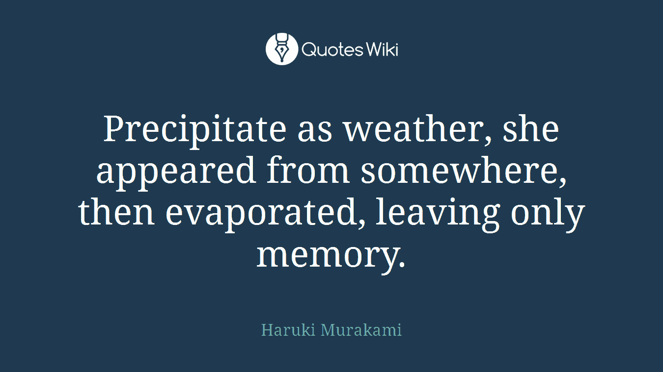 Precipitate as weather, she appeared from somewhere, then evaporated, leaving only memory.
