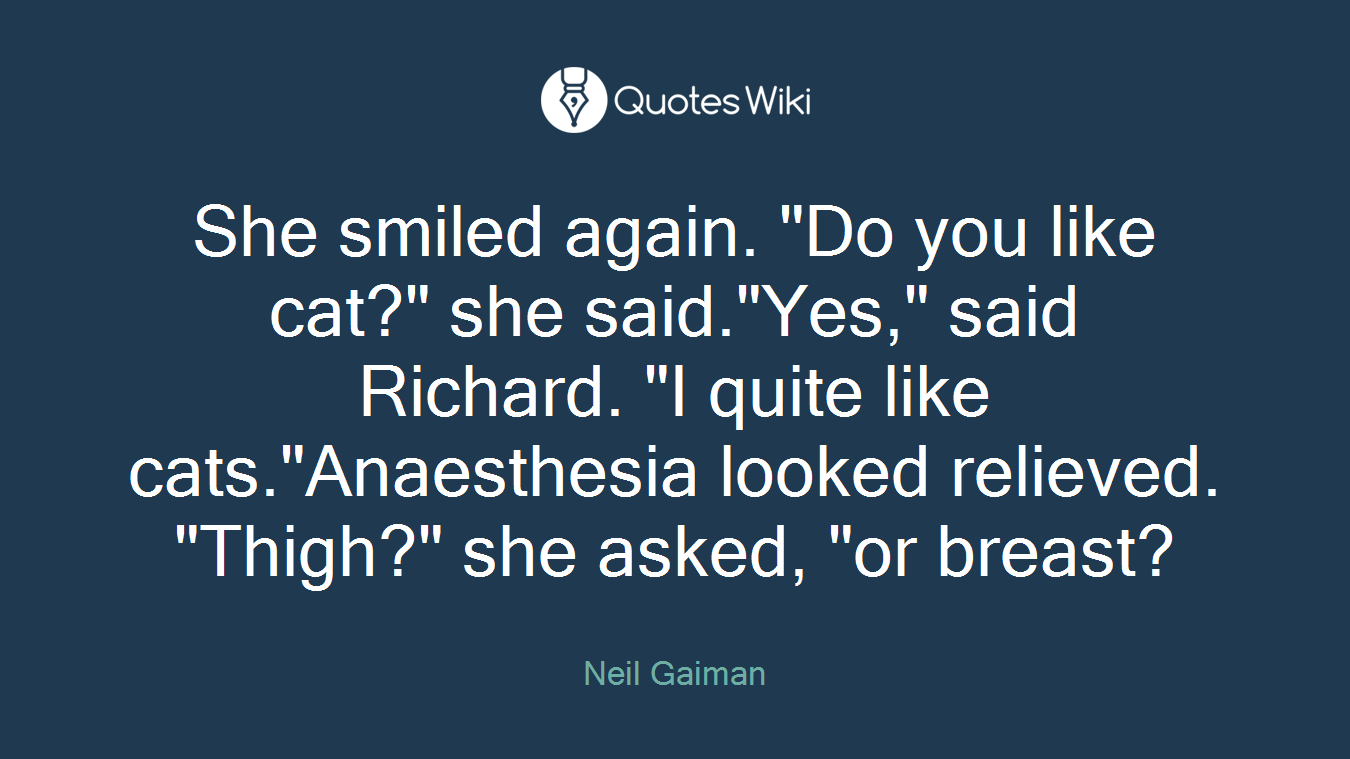 She smiled again. "Do you like cat?" she said."Yes," said Richard. "I quite like cats."Anaesthesia looked relieved. "Thigh?" she asked, "or breast?