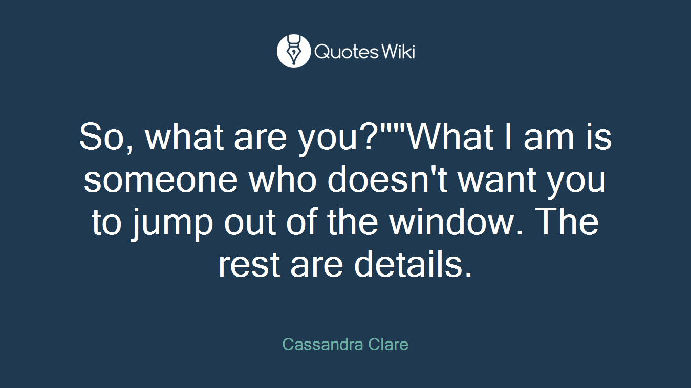 So, what are you?""What I am is someone who doesn't want you to jump out of the window. The rest are details.