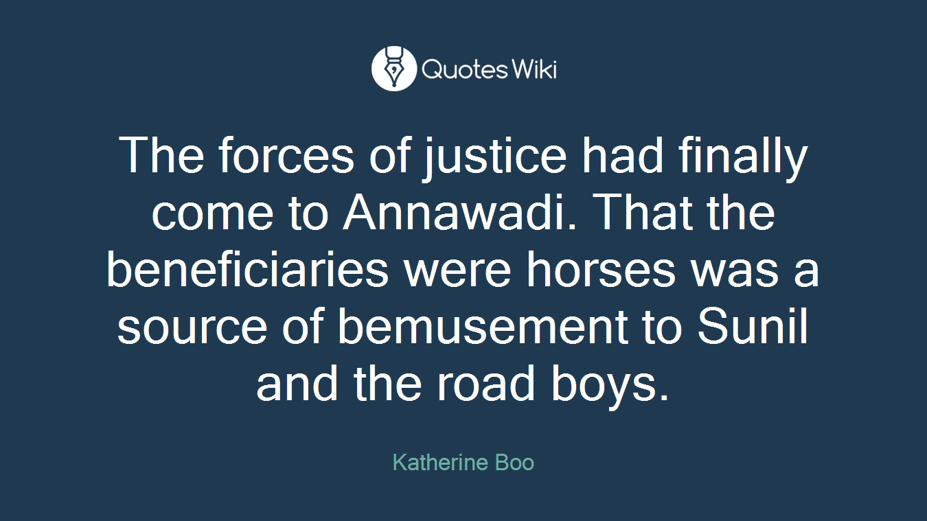 The forces of justice had finally come to Annawadi. That the beneficiaries were horses was a source of bemusement to Sunil and the road boys.