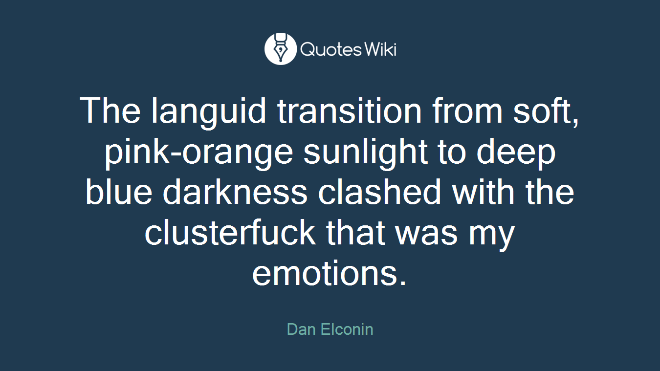 The languid transition from soft, pink-orange sunlight to deep blue darkness clashed with the clusterfuck that was my emotions.