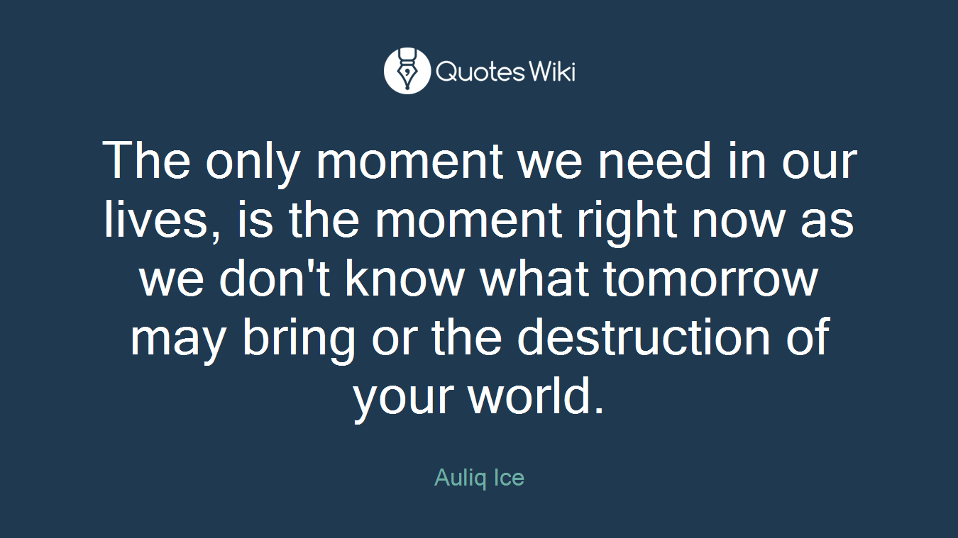 The only moment we need in our lives, is the moment right now as we don't know what tomorrow may bring or the destruction of your world.