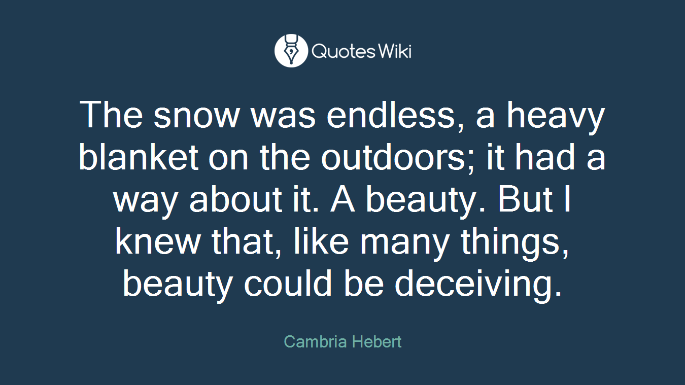 The snow was endless, a heavy blanket on the outdoors; it had a way about it. A beauty. But I knew that, like many things, beauty could be deceiving.
