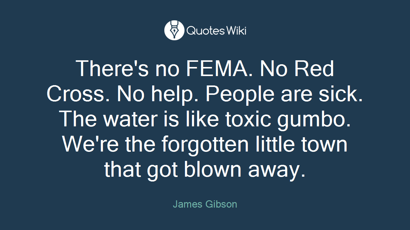 There's no FEMA. No Red Cross. No help. People are sick. The water is like toxic gumbo. We're the forgotten little town that got blown away.