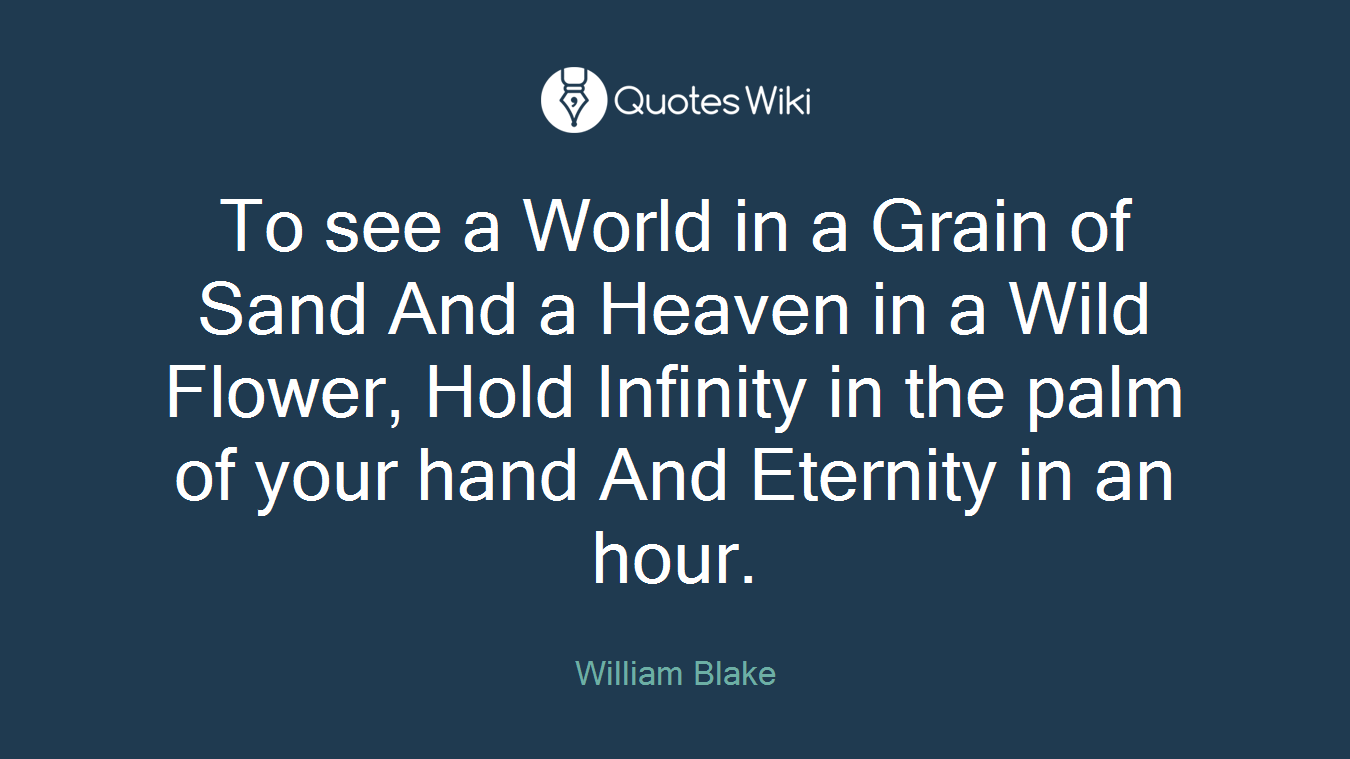 To see a World in a Grain of Sand And a Heaven in a Wild Flower, Hold Infinity in the palm of your hand And Eternity in an hour.