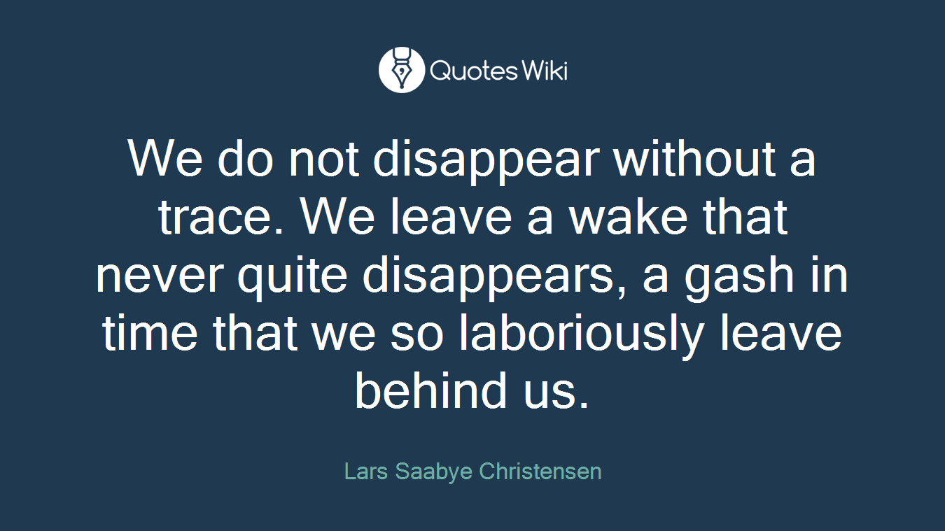 We do not disappear without a trace. We leave a wake that never quite disappears, a gash in time that we so laboriously leave behind us.