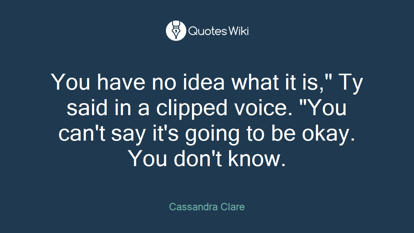You have no idea what it is," Ty said in a clipped voice. "You can't say it's going to be okay. You don't know.