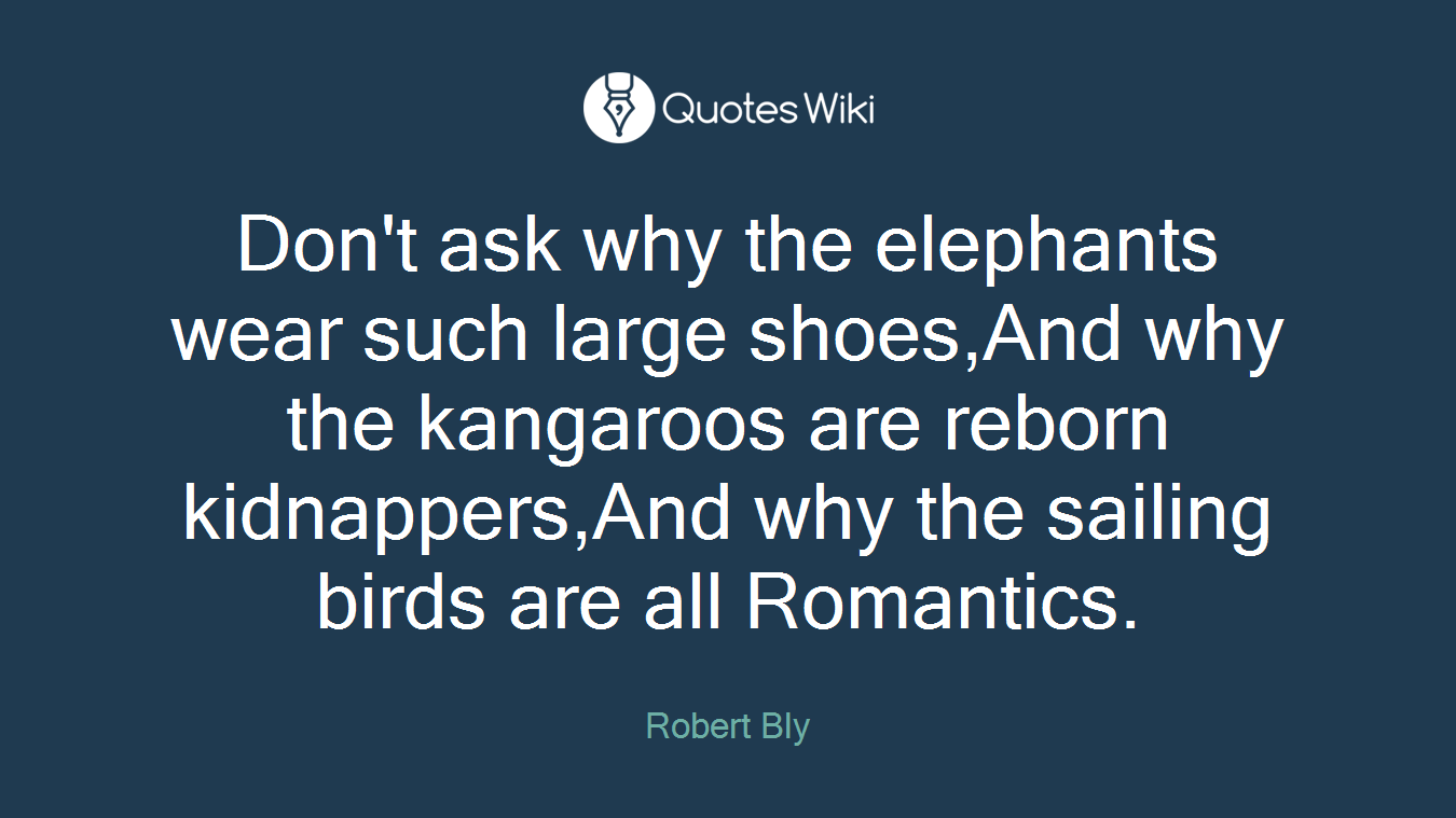 Don't ask why the elephants wear such large shoes,And why the kangaroos are reborn kidnappers,And why the sailing birds are all Romantics.