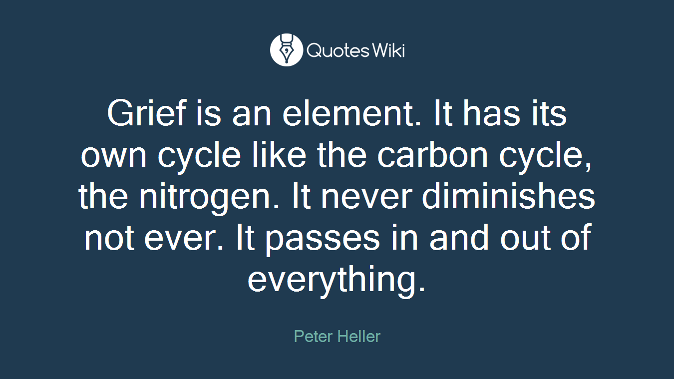 Grief is an element. It has its own cycle like the carbon cycle, the nitrogen. It never diminishes not ever. It passes in and out of everything.