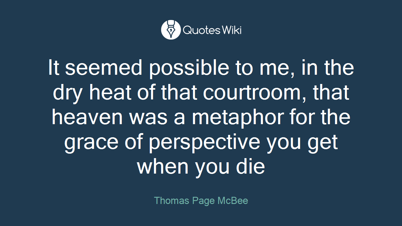 It seemed possible to me, in the dry heat of that courtroom, that heaven was a metaphor for the grace of perspective you get when you die