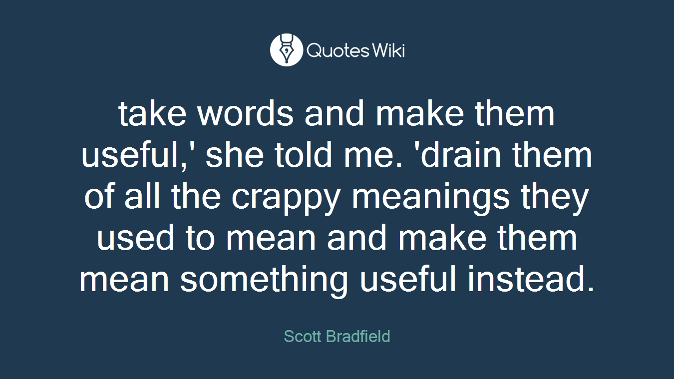 take words and make them useful,' she told me. 'drain them of all the crappy meanings they used to mean and make them mean something useful instead.